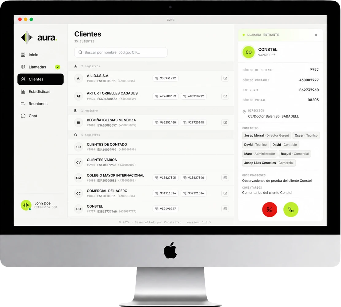 aura · ficha del ERP en llamada